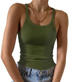 Artfish Ärmelloses Damen-Tanktop, figurbetont, U-Ausschnitt, gerippt, Basic-Cami-Shirts, 02# volle Länge Olivgrün, Groß von Artfish