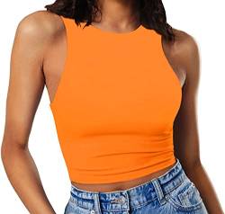 Artfish Damen Ärmelloses Crop-Shirts, hoher Ausschnitt, dehnbar, tailliert, Basic Crop Tank Top, Orange, Mittel von Artfish