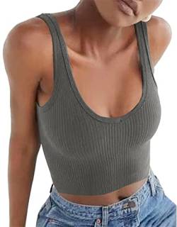 Artfish Damen Ärmelloses Shirt gerippt Kordelzug Seite gerafft U-Ausschnitt Basic Crop Tank Top, Dunkelgrau, Klein von Artfish