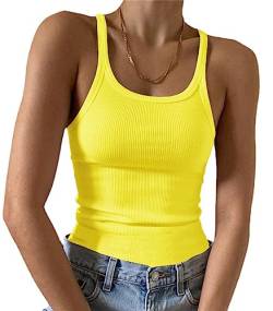 Artfish Damen Ärmelloses Tank Top Form Passform U-Ausschnitt Rippstrick Basic Cami Shirts, 02# Leuchtgelb, Klein von Artfish