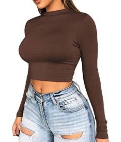 Artfish Damen Langarmshirt Stretchy Crop Top Sexy Slim Fitted Fleece Gefüttert Cropped Shirts, 01#Schokobraun, Klein von Artfish