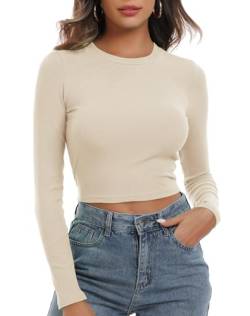 Artfish Damen Rundhals Langarm Strick Gerippt Tailliert Crop Top Casual Basic Shirts, Beige Aprikose, Mittel von Artfish