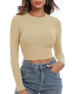 Artfish Damen Rundhals Langarm Strick Gerippt Tailliert Crop Top Casual Basic Shirts, Beige Tan Khaki, Mittel von Artfish