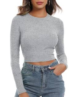 Artfish Damen Rundhals Langarm Strick Gerippt Tailliert Crop Top Casual Basic Shirts, Meliert, Grau, Mittel von Artfish