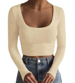 Artfish Damen Square Neck Langarm Gerippt Slim Fitted Casual Basic Crop Top, Beige Hellbraun, Groß von Artfish