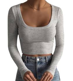 Artfish Damen Square Neck Langarm Gerippt Slim Fitted Casual Basic Crop Top, Meliert, Grau, Klein von Artfish