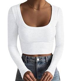 Artfish Damen Square Neck Langarm Gerippt Slim Fitted Casual Basic Crop Top, Weiß, Mittel von Artfish