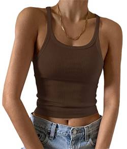 Artfish Damen ärmelloses Tanktop Low Cut U-Ausschnitt Rippstrick Workout Casual Basic Cami Shirts - Braun - Klein von Artfish