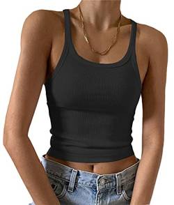 Artfish Damen ärmelloses Tanktop Low Cut U-Ausschnitt Rippstrick Workout Casual Basic Cami Shirts - Schwarz - Mittel von Artfish