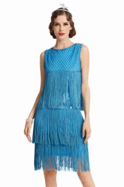 ArtiDeco 1920s Charleston Kleid Damen Knielang Cocotail Party Kleid 20er Jahre Flapper Damen Gatsby Kostüm Kleid (Blau, S) von ArtiDeco