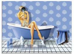 Glasbild ARTLAND "Das sexy blaue Badezimmer" Bilder Gr. B/H: 80 cm x 60 cm, Glasbild Frau Querformat, 1 St., blau Glasbilder von Artland