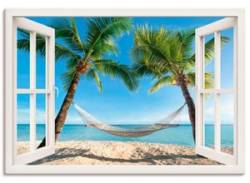 Wandbild ARTLAND "Fensterblick Palmenstrand Karibik" Bilder Gr. B/H: 100 cm x 70 cm, Leinwandbild Amerika Querformat, 1 St., weiß Kunstdrucke von Artland
