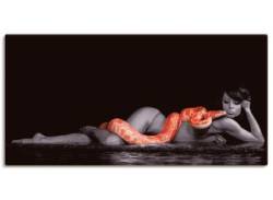 Wandbild ARTLAND "Frau in Wasser liegend mit Python" Bilder Gr. B/H: 150 cm x 75 cm, Leinwandbild Frau Querformat, 1 St., rot Kunstdrucke von Artland