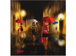 Wandbild ARTLAND "Frauen beim Einkaufen im Regen" Bilder Gr. B/H: 70 cm x 70 cm, Alu-Dibond-Druck Frau, 1 St., bunt Kunstdrucke von Artland