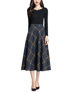 Damen Hohe Taille Karierter Rock Winterrock Vintage Elegant Plaid Warm Wollrock Lang Röcke Retro Elastische Taille A Linie Casual Party Midi Faltenrock Dark Blue XXL von Artykey