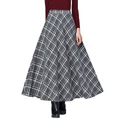 Damen Lang Rock Elegant Maxi Winterrock Plaid Warm Wollrock Hohe Taille Karierter röcke Herbst Elastische Taille Vintage A Linie Casual Midi Faltenrock A Grey L von Artykey