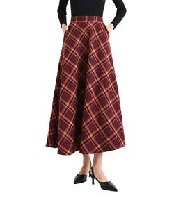 Damen Lang Rock Elegant Maxi Winterrock Plaid Warm Wollrock Hohe Taille Karierter röcke Herbst Elastische Taille Vintage A Linie Casual Midi Faltenrock A Orange M von Artykey