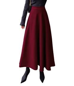 Damen Lang Rock Elegant Maxi Winterrock Plaid Warm Wollrock Hohe Taille Karierter röcke Herbst Elastische Taille Vintage A Linie Casual Midi Faltenrock C Red Wine L von Artykey