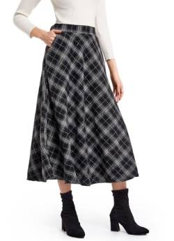 Damen Lang Rock Elegant Maxi Winterrock Plaid Warm Wollrock Hohe Taille Karierter röcke Herbst Elastische Taille Vintage A Linie Casual Midi Faltenrock E Black S von Artykey