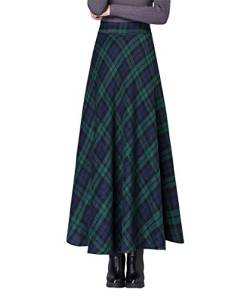 Damen Lang Rock Elegant Maxi Winterrock Plaid Warm Wollrock Hohe Taille Karierter röcke Herbst Elastische Taille Vintage A Linie Casual Midi Faltenrock E Green L von Artykey