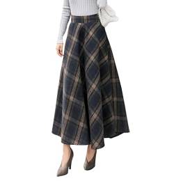 Damen Lang Rock Elegant Maxi Winterrock Plaid Warm Wollrock Hohe Taille Karierter röcke Herbst Elastische Taille Vintage A Linie Casual Midi Faltenrock F Dark Blue S von Artykey