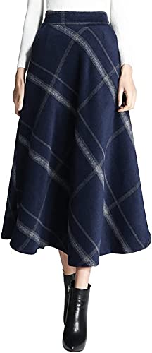 Damen Lang Rock Elegant Maxi Winterrock Plaid Warm Wollrock Hohe Taille Karierter röcke Herbst Elastische Taille Vintage A Linie Casual Midi Faltenrock G Dark Blue L von Artykey