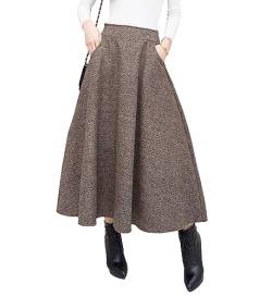 Damen Lang Rock Elegant Maxi Winterrock Plaid Warm Wollrock Hohe Taille Karierter röcke Herbst Elastische Taille Vintage A Linie Casual Midi Faltenrock H Brown S von Artykey