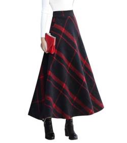 Damen Lang Rock Elegant Maxi Winterrock Plaid Warm Wollrock Hohe Taille Karierter röcke Herbst Elastische Taille Vintage A Linie Casual Midi Faltenrock Rot L von Artykey