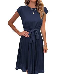 Kleid Damen Lang Boho Kleid Kurzarm Rundhals mit Gürtel Strandkleid A-Linie Sommerkleid Plissee Elegante Kleid für Party Cocktail Arbeit Kirche Zeit Dark Blue S von Artykey