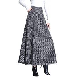 Rock Damen Langer Winterrock Houndstooth Vintage Warm Wollrock hohe Taille Maxi röcke Retro Elegant Elastische Taille A Linie Casual Party Midi Faltenrock Grey XXXL von Artykey