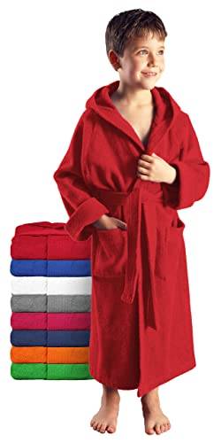 Arus Kinder-Bademantel mit Kapuze für Jungen und Mädchen, 100% Baumwolle Frottee, lang, Rot, 140 von Arus