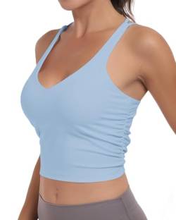 As Fairy Damen-Sport-BH, gerüscht, Criss Cross Back Crop Tank Top, Langer, kabelloser, gepolsterter Yoga-BH (Denim Blau,L) von As Fairy