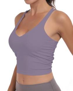 As Fairy Damen-Sport-BH, gerüscht, Criss Cross Back Crop Tank Top, Langer, kabelloser, gepolsterter Yoga-BH (Helles Violett,L) von As Fairy