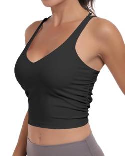 As Fairy Damen-Sport-BH, gerüscht, Criss Cross Back Crop Tank Top, Langer, kabelloser, gepolsterter Yoga-BH (Schwarz,L) von As Fairy