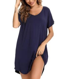 Aseniza Damen Nachthemd Kurzarm Baumwolle Nachtwäsche Negligee Loose fit Schlafhemd Kurze Sommer Schlafshirt Knielang Nachtkleid,A-Dunkelblau,M von Aseniza