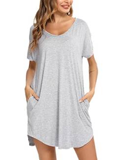 Aseniza Damen Nachthemd Kurzarm Baumwolle Nachtwäsche Negligee Loose fit Schlafhemd Kurze Sommer Schlafshirt Knielang Nachtkleid,A-Grau,M von Aseniza