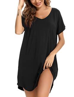 Aseniza Damen Nachthemd Kurzarm Baumwolle Nachtwäsche Negligee Loose fit Schlafhemd Kurze Sommer Schlafshirt Knielang Nachtkleid,A-Schwarz,XL von Aseniza