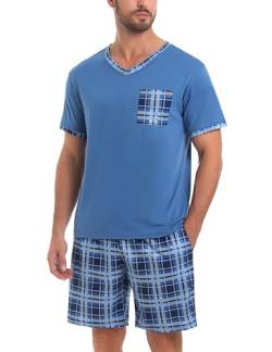 Aseniza Herren Schlafanzug Kurz Kariert Baumwolle V-Auschnitt Zweiteiliger Pyjama mit Kurzarm T-Shirt und Karierten Shorts,Blau,L von Aseniza