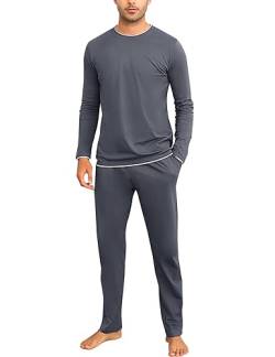 Aseniza Herren Schlafanzug Lang Pyjama Baumwolle Winter Zweiteilige Pyjamas mit Langarmshirt und Schlafanzughose für Männer,Grau,XL von Aseniza