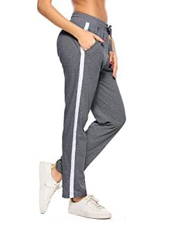 Aseniza Jogginghose Damen Sporthose Lang Baumwolle Trainingshose Freizeithose High Waist mit Streifen für Sport Yoga Gym Dunkelgrau XL von Aseniza