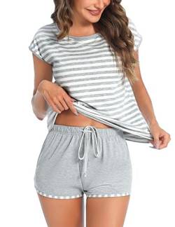 Aseniza Pyjama Damen Kurz Schlafanzug Baumwolle Shorty Nachtwäsche Sommer Gestreifte Schlafanzüge mit Kurzarm Top und Schlafshorts von Aseniza