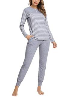 Aseniza Pyjama Damen Schlafanzug Lang Baumwolle Zweiteiler Süß Pyjama Set Loungewear Hausanzug mit Bündchen grau von Aseniza