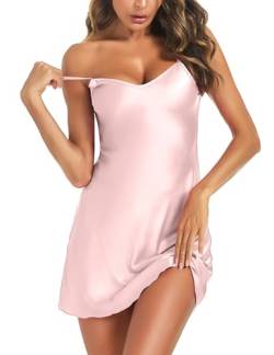 Aseniza Satin Nachthemd Damen Sexy Pink Negligee Lingerie Kurz Nachtkleid V-Ausschnitt Seide Schlafkleid Nachtwäsche mit Spaghettiträger,Pink,L von Aseniza