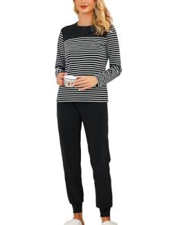 Aseniza Schlafanzüge für Damen Lang Baumwolle Winter Pyjama Set Langarm Loungewear Hausanzug Sleepwear Kuschelig Rundhals schwarz von Aseniza