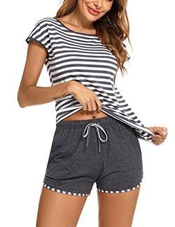 Aseniza Schlafanzug Damen Kurz Baumwolle Pyjama Set Rundhals Zweiteiliger Nachtwäsche Shorty Loungewear Sleepwear für Sommer,F-Grau,XXL von Aseniza