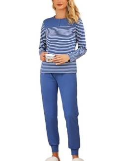 Aseniza Schlafanzug Damen Lang Baumwolle Bündchen Winter Pyjama Set Gestreift Loungewear Rundhals Langarmshirt und Schlafanzughose hellblau von Aseniza