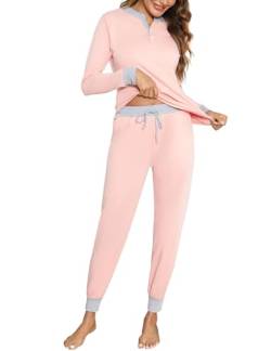 Aseniza Schlafanzug Damen Lang Pyjamas Baumwolle Zweiteiliger Nachtwäsche Lounge Set Langarm Hausanzug für Frauen mit Bündchen,A-Rosa,L von Aseniza