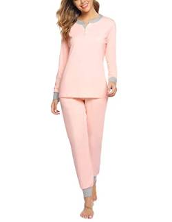 Aseniza Schlafanzug Damen Lang Pyjamas Baumwolle Zweiteiliger Nachtwäsche Lounge Set Langarm Hausanzug für Frauen mit Bündchen,A-Rosa,XL von Aseniza