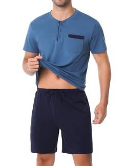 Aseniza Schlafanzug Herren Kurz Baumwolle mit Knopfleiste Shorty Pyjama Sommer Nachtwäsche Kurzarm Shirt und Pyjamahose für Männer,Blau,M von Aseniza