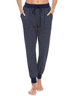 Aseniza Schlafanzughose Damen lang Pyjamahose Baumwolle Gestreifte Nachtwäsche Hose Freizeithosen Hausehose mit Zwei Taschen Pyjama für Sport Jogging Training Yoga,Dunkelblau,S von Aseniza